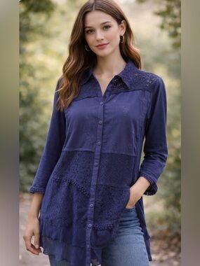 April Cornell Cotton Lace Button Front Tunic Large